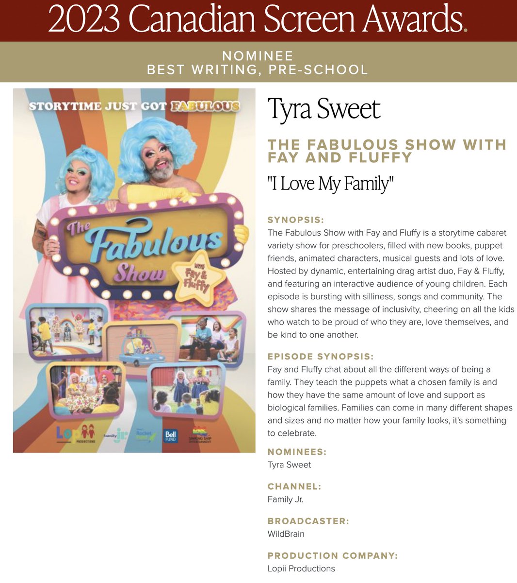 ImTyraSweet's tweet photo. Proud to receive my first ever nomination from @TheCdnAcademy for my work on The Fabulous Show with Fay &amp; Fluffy. Writing on this show was pure joy. Thank you to @lopii_prod for making FABULOUS television for kids! I'm so grateful to have been a part of it 🎉🌈 https://t.co/PdVz4sndfP
