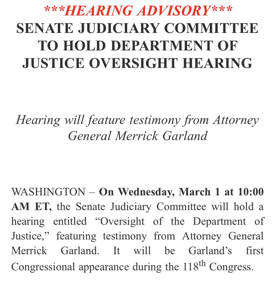 AG Merrick Garland will testify before Senate Judiciary Cmte next week