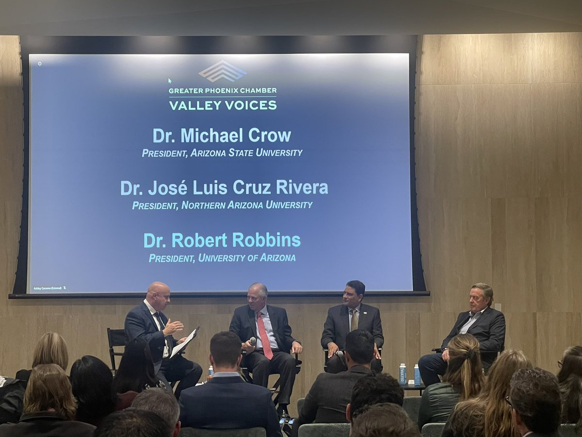 phxchamber's tweet photo. We’re excited to hear about the state of higher education in Arizona from @ASU President Dr. Michael Crow, @NAU President Dr. José Luis Cruz Rivera, and @uarizona President Dr. Robert Robbins. #AZHigherEd #ValleyVoices https://t.co/3KApyfMKDb