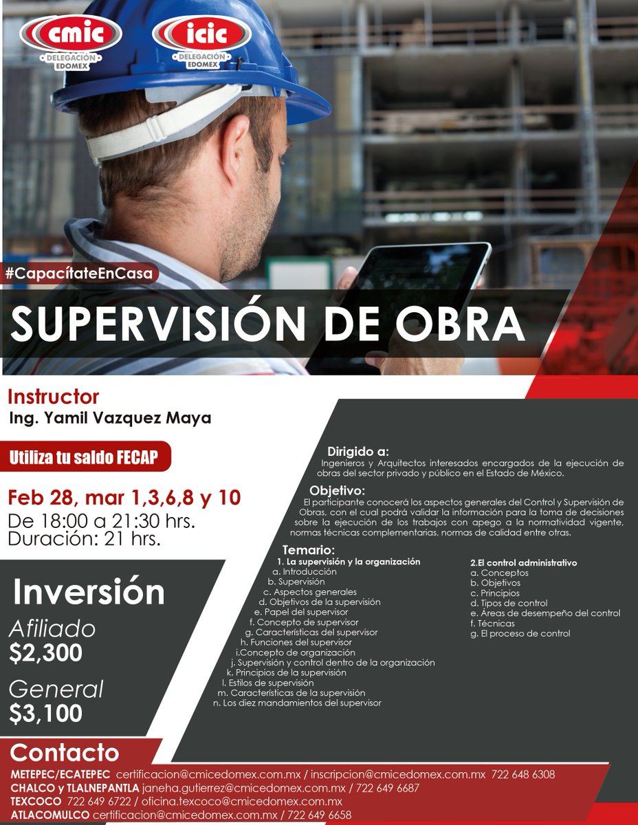 CMIC_Edomex's tweet photo. Aprende los aspectos generales del control y supervisión de obra con este curso que el ICIC EdoMéx tiene para ti. 👷👷♀️
💰 ¡Aprovecha tu saldo FECAP!
#CapacitateEnCasa🏡 https://t.co/rFBQAZfm6F