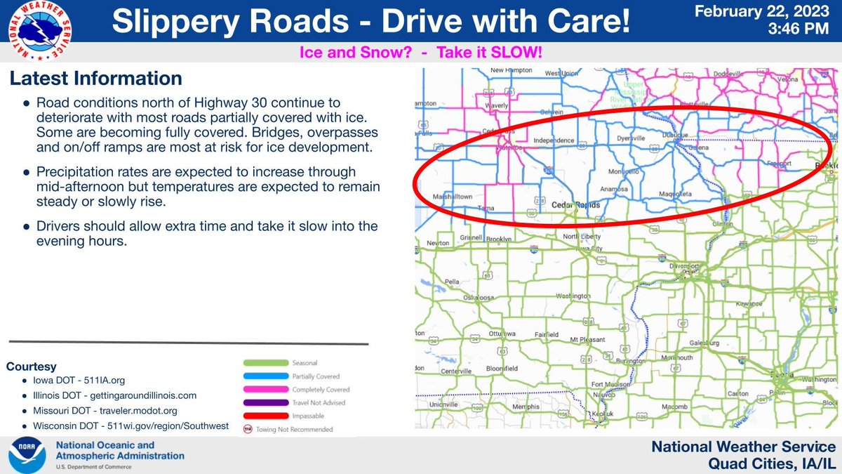Road conditions north of Highway 30 continue to deteriorate with most roads partially covered