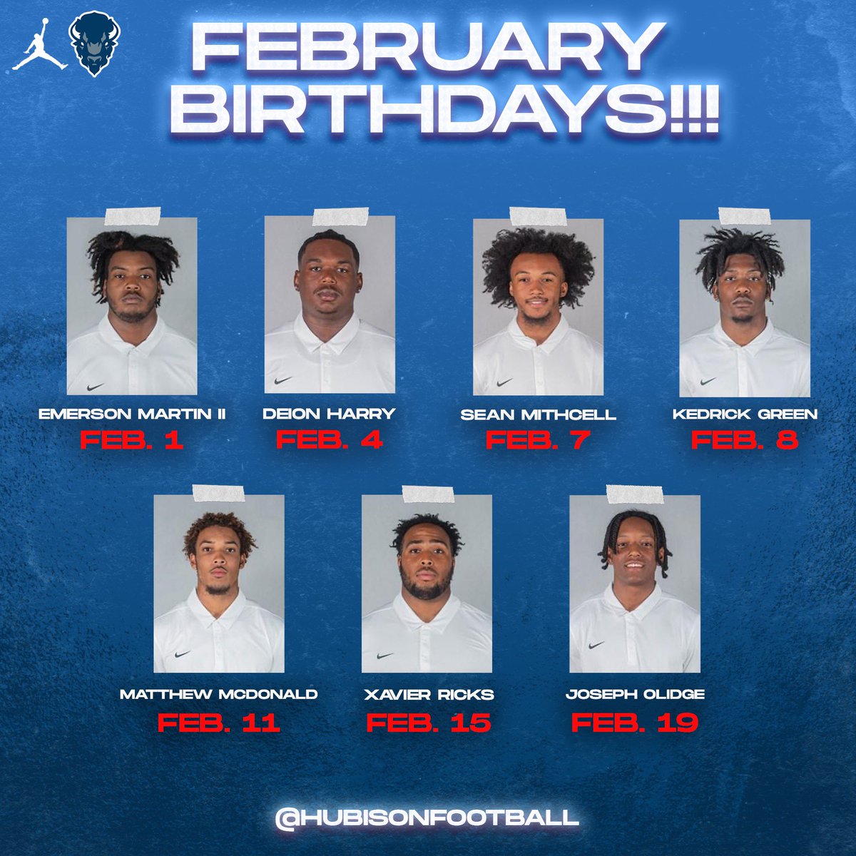 Sending a happy birthday to our February-born Bison!❤️💙 

#HUBisonFootball