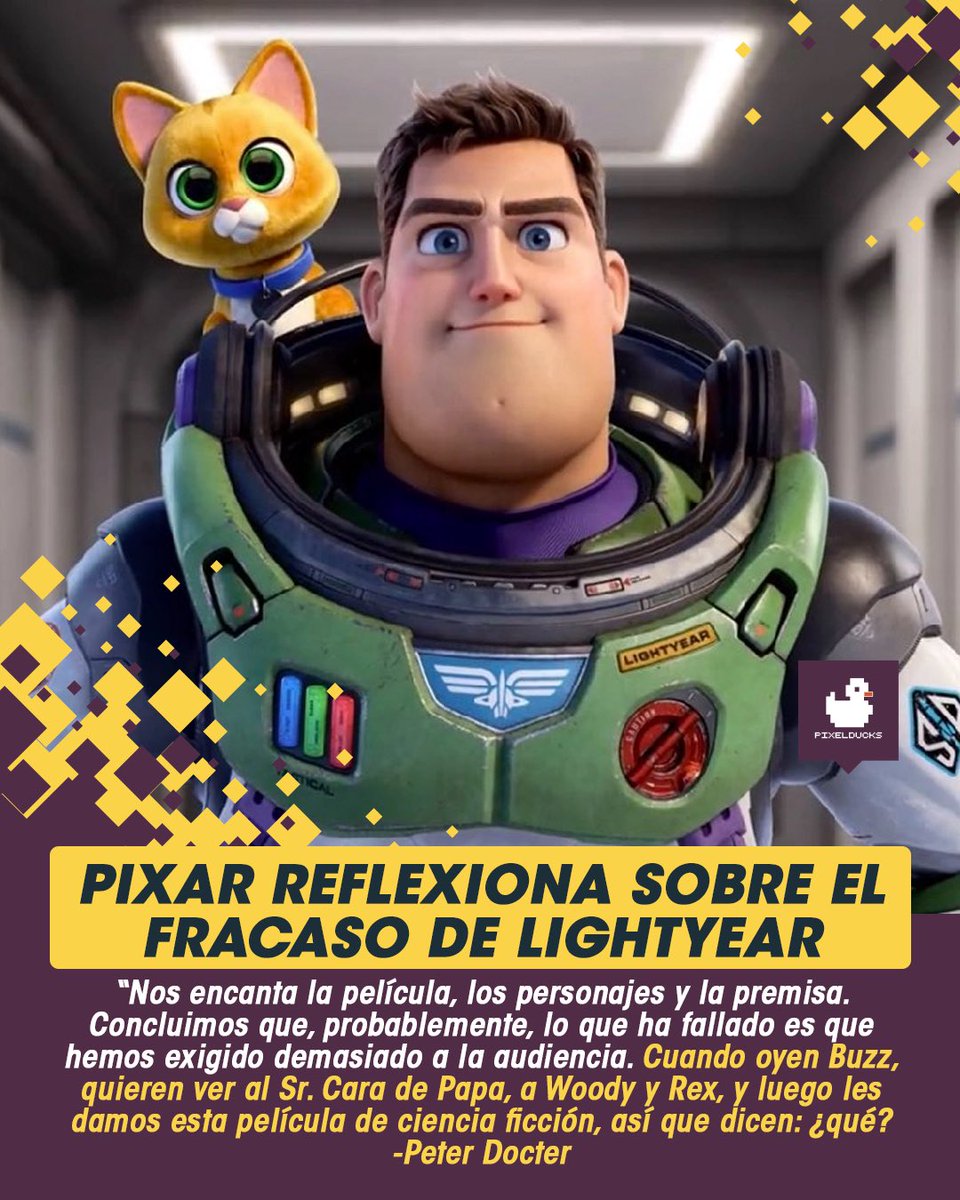 pixelducksmx's tweet photo. Tras ser una de las películas menos taquilleras de #Pixar, su presidente, #PeterDocter reflexiona sobre lo que la pudo llevar al fracaso. 🚀

Una de los motivos es haberse salido del canon de #ToyStory, donde el público está muy arraigado a los personajes. ¿Coincides con él? https://t.co/lPtiO1wo0G