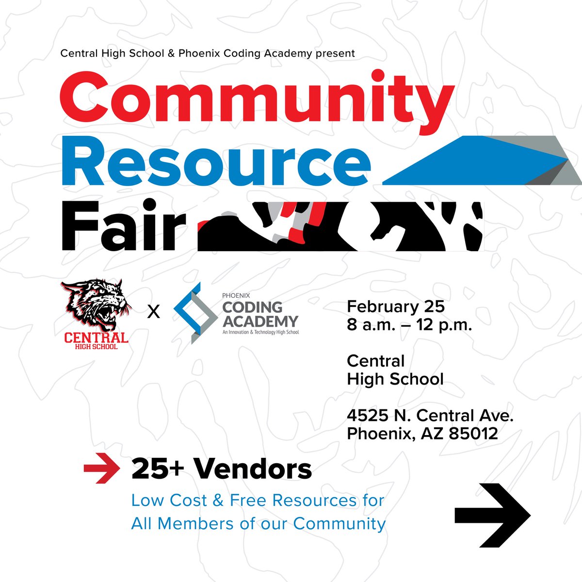 PhoenixUnion's tweet photo. This Saturday, February 25, Central and Coding are hosting a Community Resource Fair at Central 🎟️! We invite you to attend from 8 AM to 12 PM and  utilize the free and low cost services available. See the photos for more information 📸 https://t.co/n6pXfwokXm