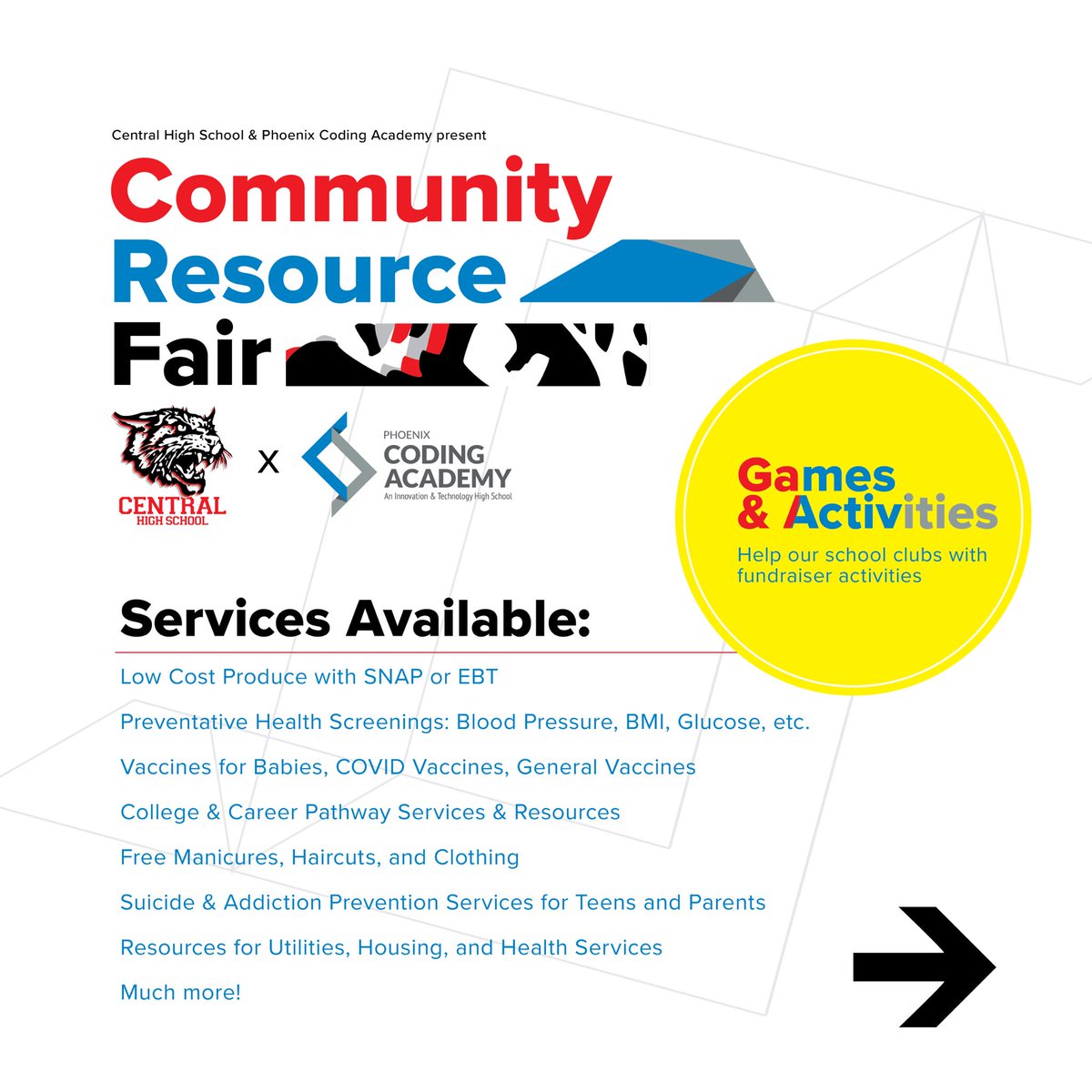 PhoenixUnion's tweet photo. This Saturday, February 25, Central and Coding are hosting a Community Resource Fair at Central 🎟️! We invite you to attend from 8 AM to 12 PM and  utilize the free and low cost services available. See the photos for more information 📸 https://t.co/n6pXfwokXm