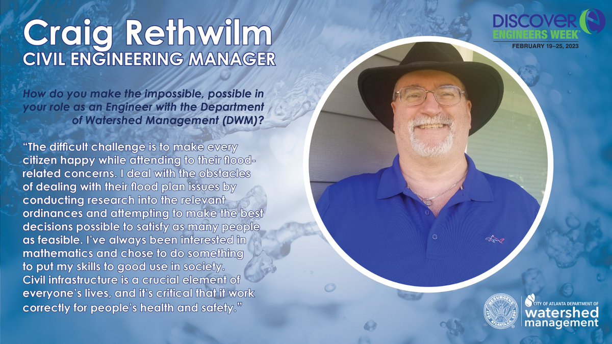 ATLWatershed's tweet photo. During #EngineersWeek, the Department of Watershed Management recognizes our team members for their remarkable innovation and skill in maintaining our water and wastewater systems.
Learn more about #EWeek23 here ➡️ https://t.co/6CViaja6dz
#ATLDWM #ATLWatershed https://t.co/vGW7A1U2sE