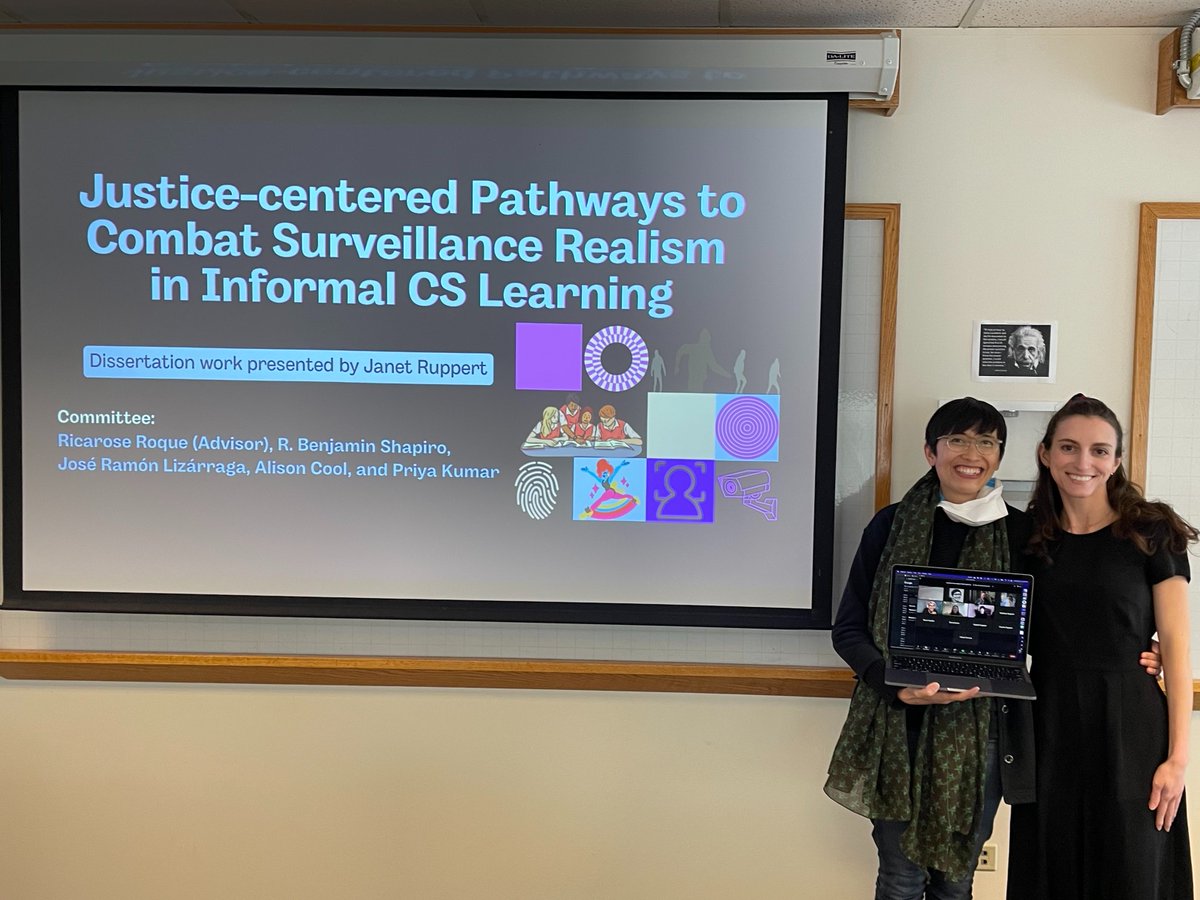 I'm super proud of Dr. Janet Ruppert and her amazing dissertation 'Justice-Centered Pathways to Combat Surveillance Realism in Informal CS Learning' Congratulations Dr. @astrojanet !!! 🎉💕😊
