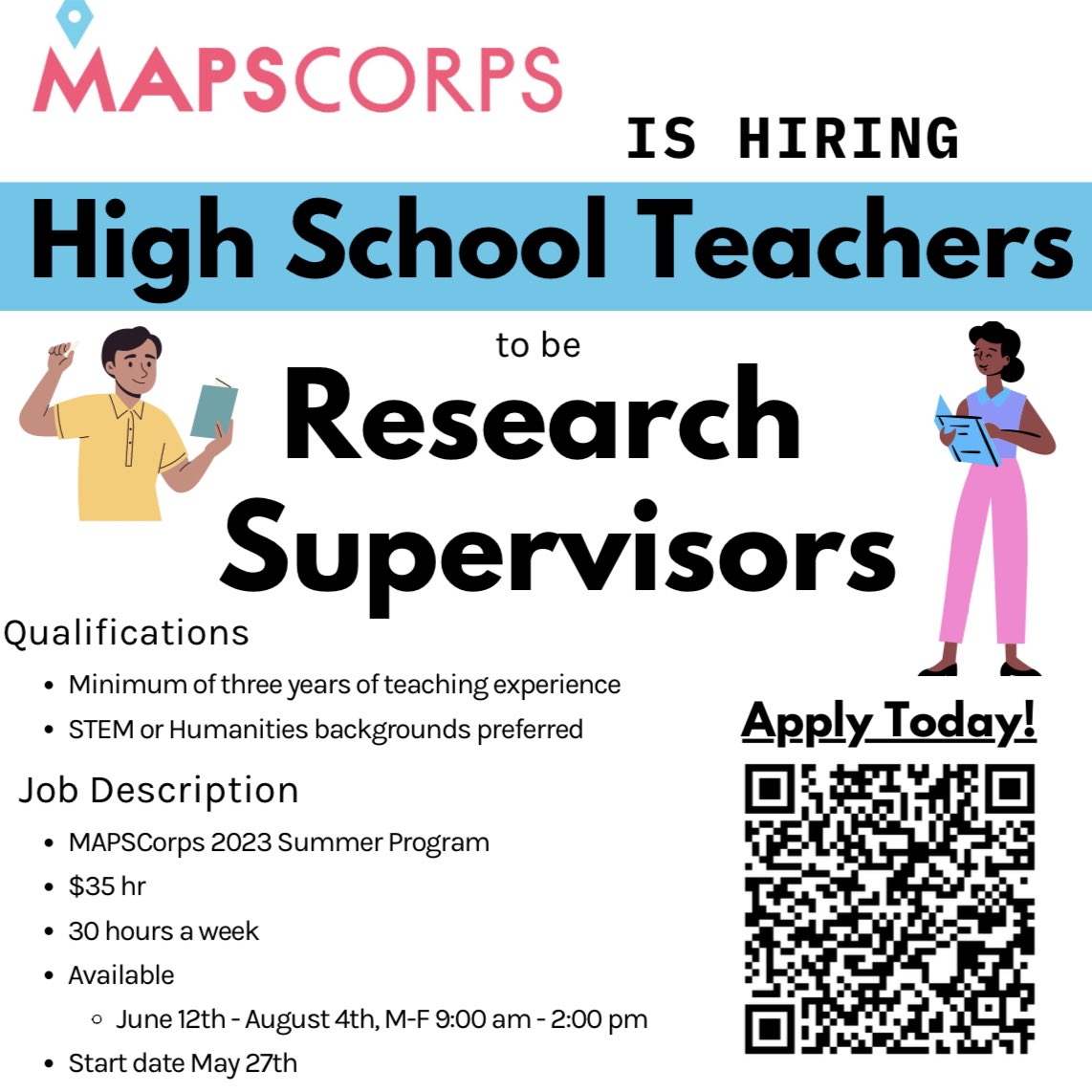 Join our team as a Research Supervisor for the MAPSCorps 2023 Summer Program - Help shape the future generation of STEM and Humanities researchers! $35/hr, 30 hours/week. Apply now!