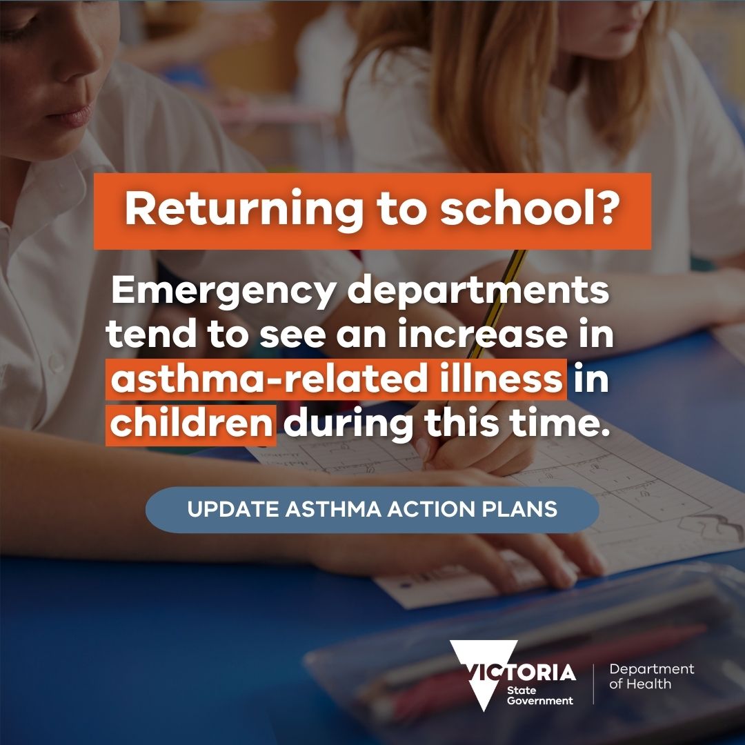 VicGovDH's tweet photo. Back-to-school changes in routine and environment can flare up asthma symptoms in children. An asthma action plan is vital for managing symptoms &amp; responding to an emergency. Review action plans with a GP every 6 months (yearly for adults). https://t.co/361h2qIgrA https://t.co/XARQHrJmO3