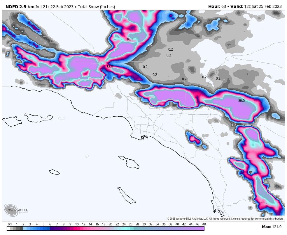 The National Weather Service is forecasting 100 inches of snow to fall near <a href="/MtBaldyResort/">Mt Baldy Resort</a> in a 24 period Friday-Saturday, which would absolutely smash the US 24-hour snowfall record.  

The blizzard that is about to hit SoCal could truly be unprecedented.