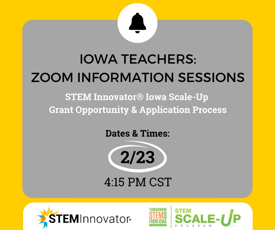LAST SESSION TOMORROW!
Iowa STEM Teachers - We are holding the LAST Informational Session TOMORROW about the STEM Innovator® Iowa Scale-Up Grant opportunity! 

Join us tomorrow for an online informational session: 
Feb. 23 @ 4:15 p.m.
uiowa.zoom.us/j/607393418