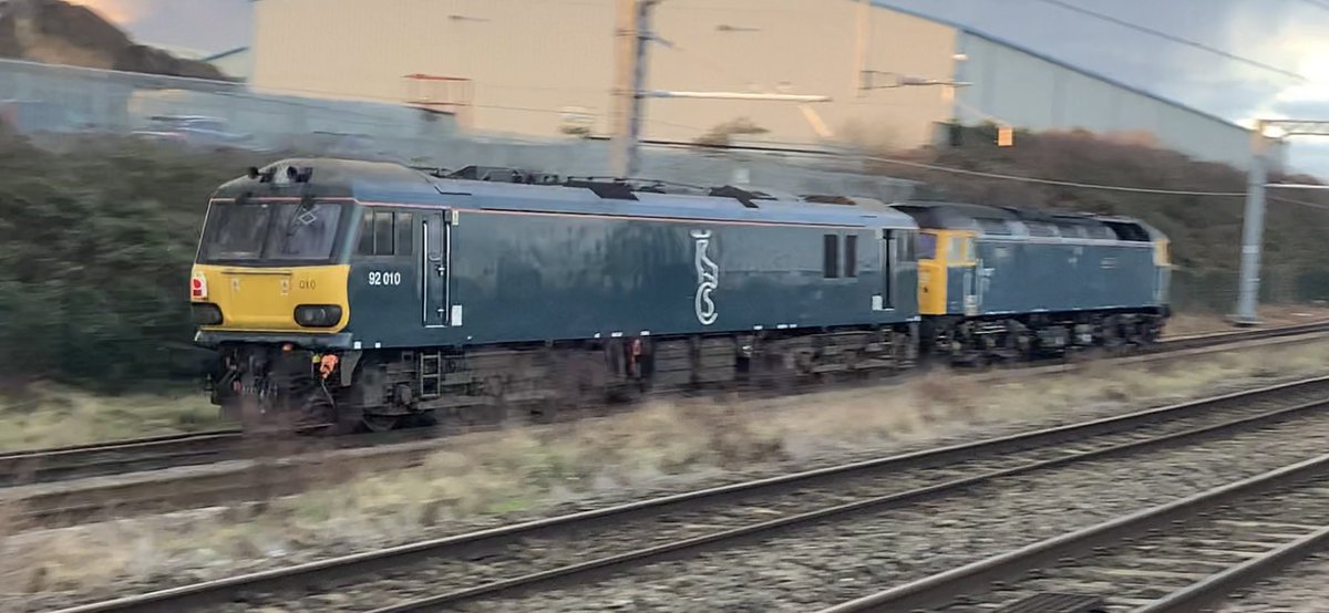 Richphillips50's tweet image. Missed the southbound working and wasn’t going to bother with northbound 0z16 return as thought it was just 47727 - but luckily I did as 92010 was in tow #class47 #class92 #mml #duff