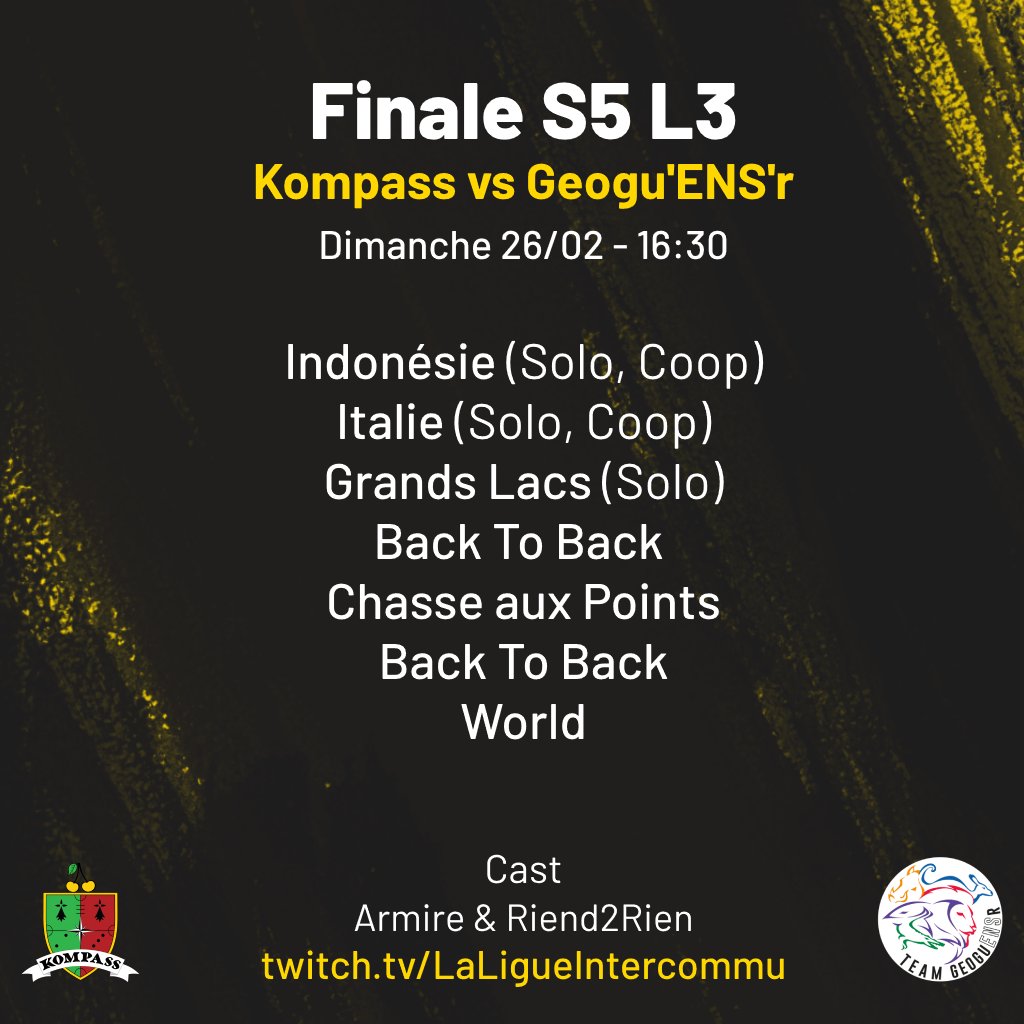 ligueintercommu's tweet photo. 🔴Finale de la Ligue 3 Dimanche à 16h30
🔥Kompass vs Geogu'ENS"r
🎙️@armire &amp; @riend2rien https://t.co/r1YhmusggU