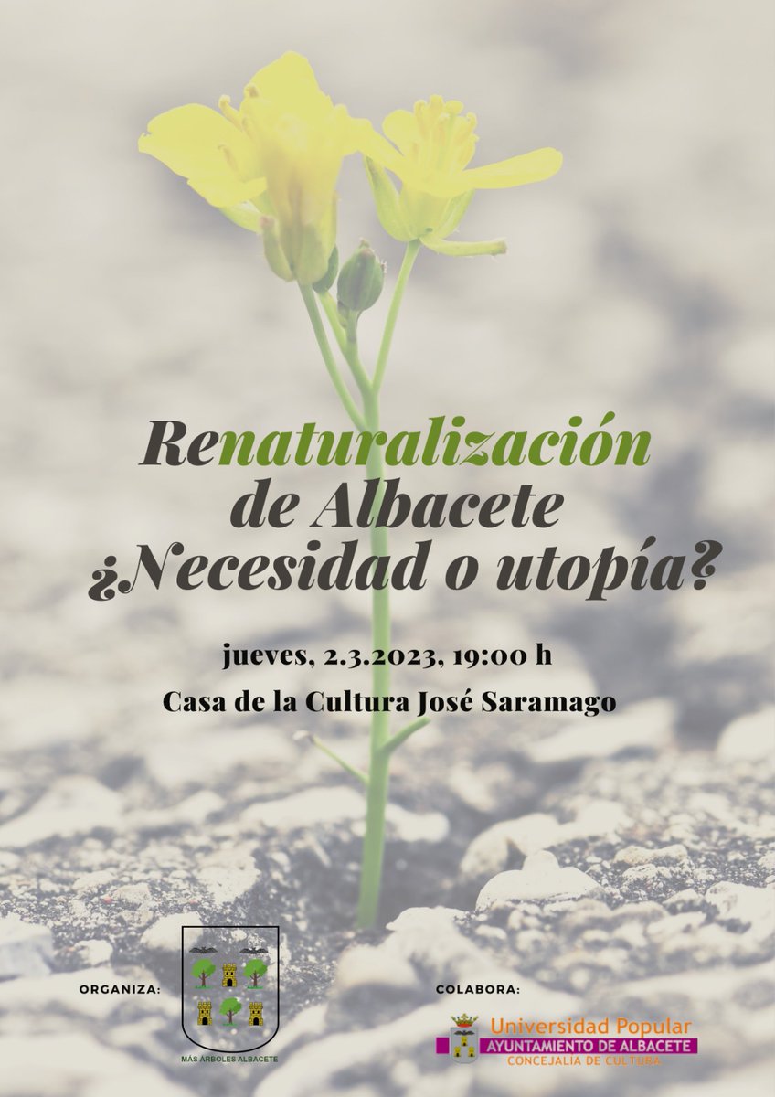 El próximo jueves 2 de MARZO, charla sobre la necesidad de un Albacete más verde y cómo conseguirlo ¡No faltes!

⏰ de 19:00 a 20:00h
🆓 Entrada gratuita sin inscripción 

<a href="/Refu_almaanimal/">Proyecto Alma Animal</a> @ARBAAlbacete <a href="/curba_AB/">CURBA</a>  <a href="/ArcaDeNoeAB/">Arca de Noe Albacete</a> <a href="/Colectivo967/">Colectivo967</a> <a href="/EcoEnAccionAb/">Ecologistas Albacete</a> <a href="/SAO_Albacete/">SAO Albacete</a>