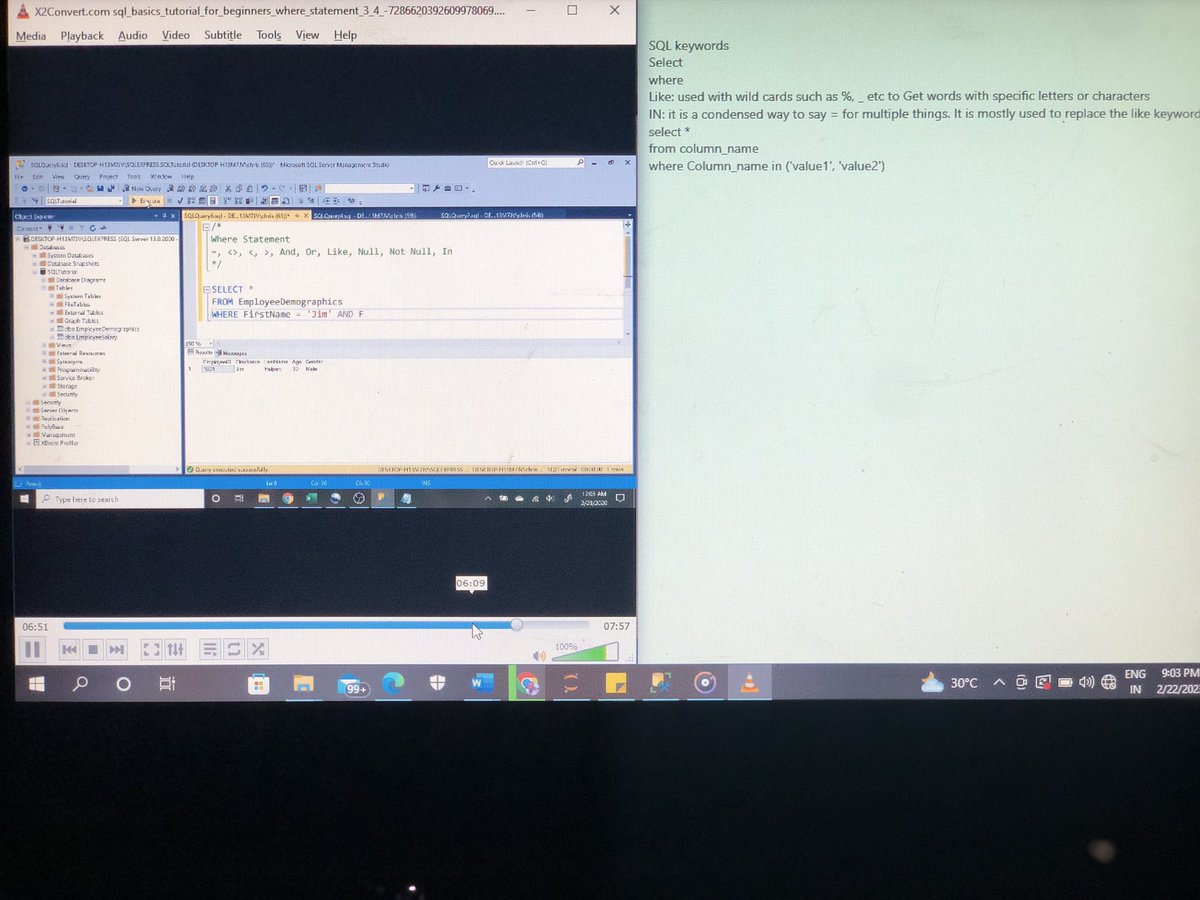 TomEkpot's tweet image. #analyticsbootcamp on my 2nd day on Alex Freberg YouTube data analytics boot camp, getting more farmiliar with the IN and LIKE statements of Sql and how to use the wildcards %,_