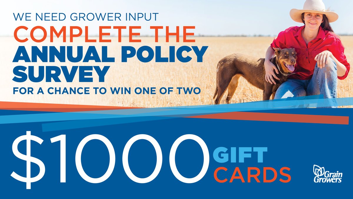 The GrainGrowers Annual Policy Survey is closing soon! Growers, please let us know what's impacting your farm at the moment.

Take the survey for a chance to win one of two $1,000 gift cards: bit.ly/3l7w48d