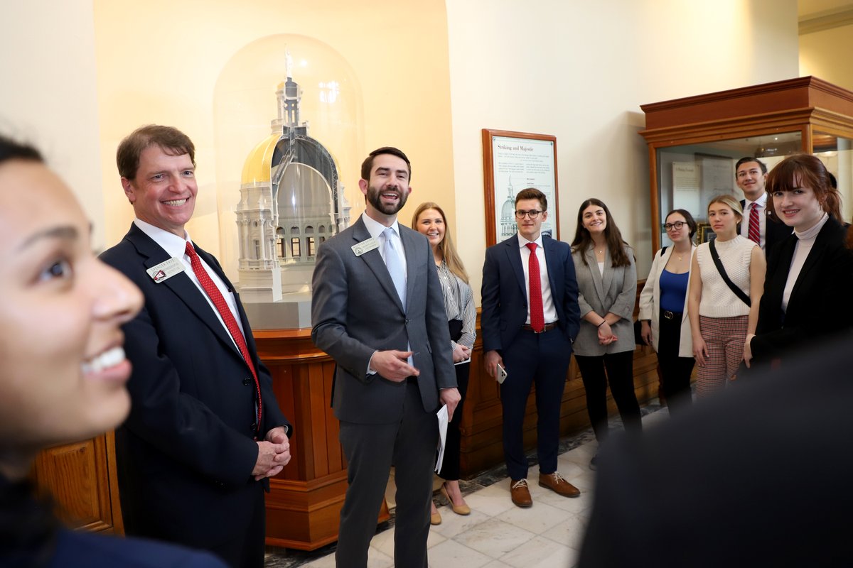 HonorsAtUGA's tweet photo. Roosevelt at UGA goes to the Georgia Capitol! Led by #HonorsUGA's Dean Amstutz, Austin Myhre and Noor Abdallah, they attended a House session, met with President Morehead, talked to Athens-area representatives Spencer Frye and Houston Gaines, and sat in on a committee meeting. https://t.co/AuVKyDsAKa