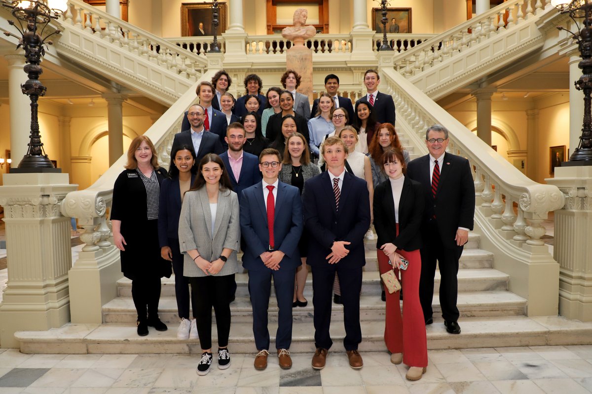 HonorsAtUGA's tweet photo. Roosevelt at UGA goes to the Georgia Capitol! Led by #HonorsUGA's Dean Amstutz, Austin Myhre and Noor Abdallah, they attended a House session, met with President Morehead, talked to Athens-area representatives Spencer Frye and Houston Gaines, and sat in on a committee meeting. https://t.co/AuVKyDsAKa