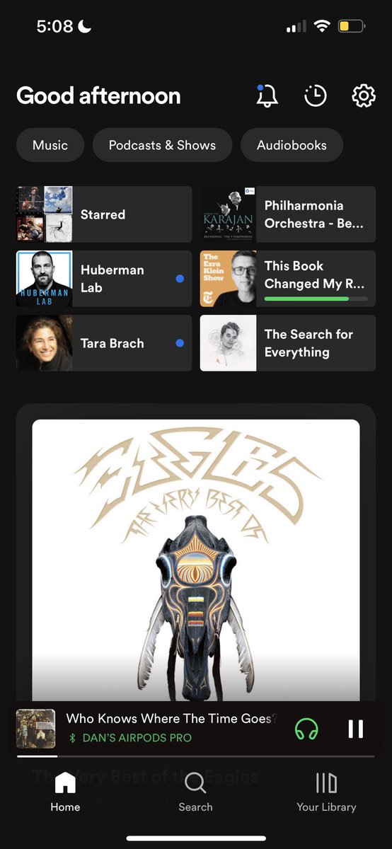 danshipper's tweet photo. If you want to use Spotify’s new AI DJ feature do this: 

- Go to your Home Screen in the app 
- Hit “Music” in the top right 
- The DJ card should pop up https://t.co/dBUXYetWEl