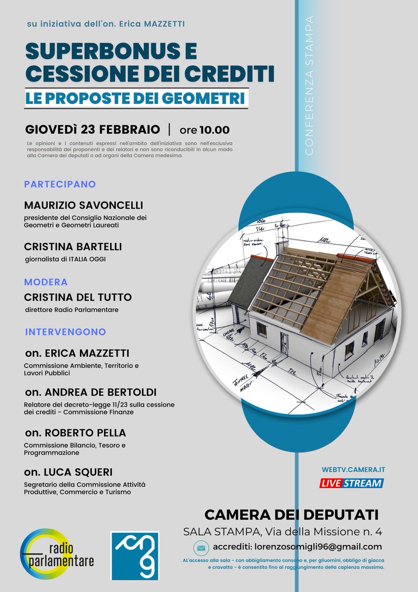 Domani alla Camera, alle ore 10.00, discuteremo di #Superbonus con #MaurizioSavoncelli, presidente del <a href="/CNGeGL/">Consiglio Geometri</a>, l'on. <a href="/MazzettiErica/">Erica Mazzetti</a>, l'on. <a href="/AdeBertoldi/">andrea de bertoldi</a>, l'on.<a href="/LucaSqueri/">Luca Squeri</a>, l'on. <a href="/roberto_pella/">Roberto Pella</a>, <a href="/cribart/">cristina bartelli</a> di <a href="/ItaliaOggi/">ItaliaOggi</a>. Seguiteci in diretta su webtv.camera.it/conferenze_sta…