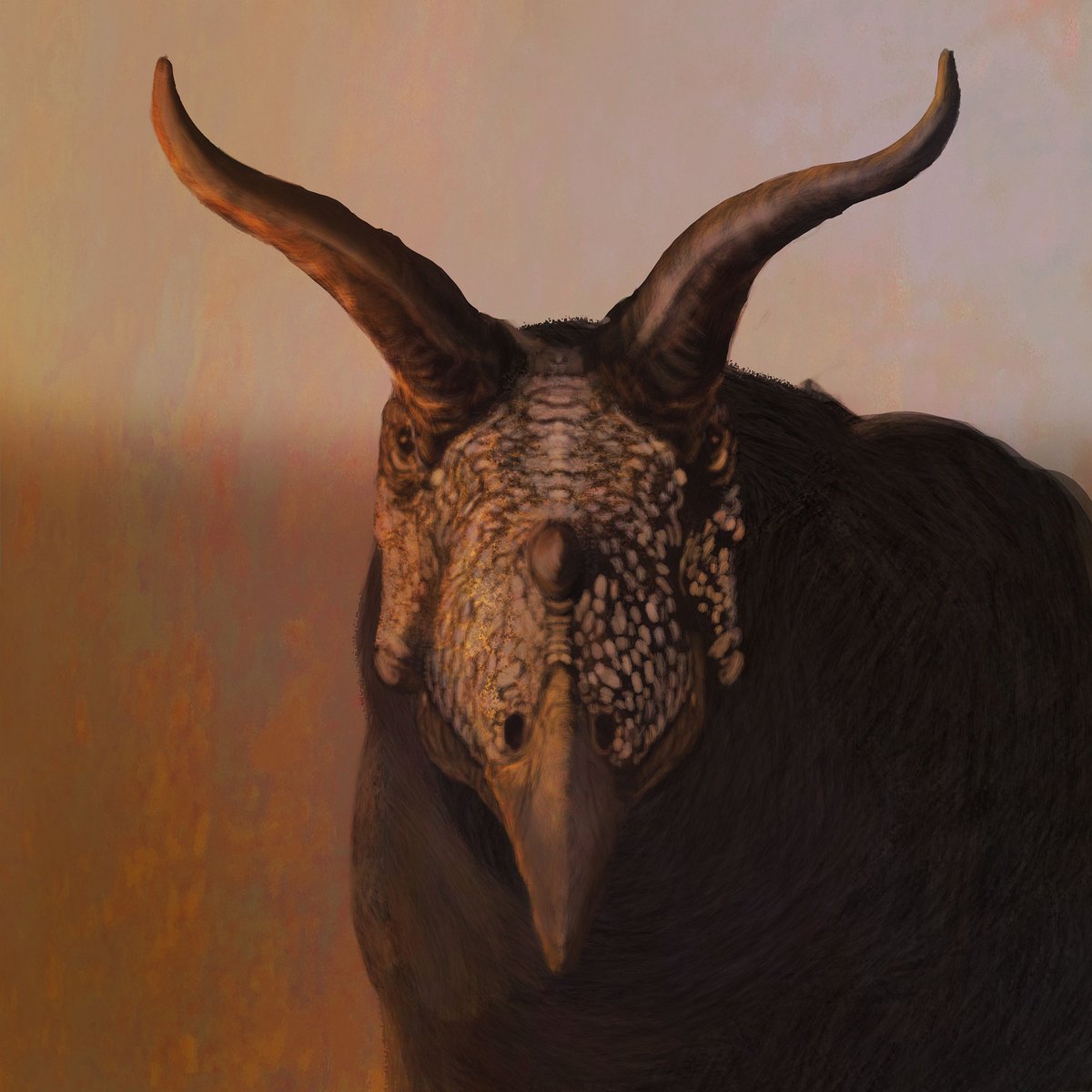 MarkWitton's tweet photo. Guys! Guys! What if... Triceratops... but no frill. Creepy, huh?

(Also, because this is Twitter: this is a consequence of layering in a portrait, not a serious effort at a frill-less ceratopsid, so no comments about missing temporal regions/jaw muscles etc. please) #paleoart https://t.co/ZMZCxYFoVh