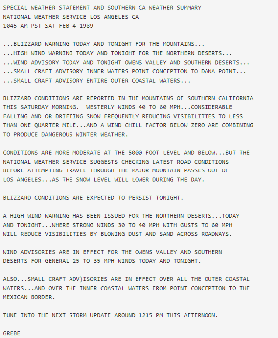 Screen capture of 1989 Special Weather Statement