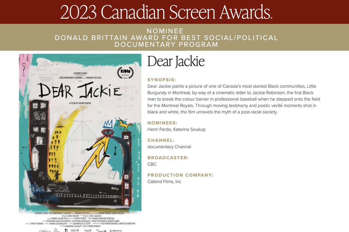 So proud to share that DEAR JACKIE is nominated for 3 Canadian Screen Awards! 🙌🏾 💫Donald Brittain Award for Best Social/Political Documentary Program 💫Best Sound, Documentary or Factual 💫Best Original Music, Documentary @TheCdnAcademy @CatbirdProd @cbcdocs @CinemaPolitica