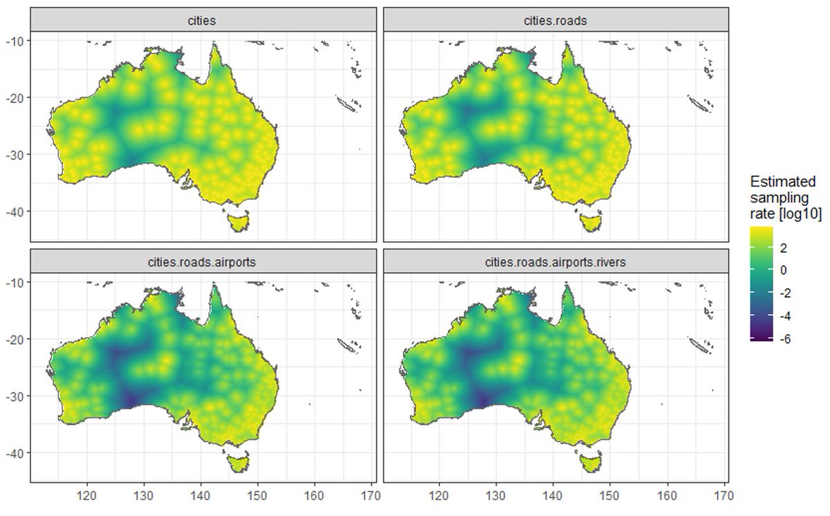 shobird's tweet photo. And using these features we can predict where sampling bias might occur. This is important for modelling such as maxent where we want to bias the pseudo-absence data in the same way that the collected presence data would have been https://t.co/9Y295Q18Km