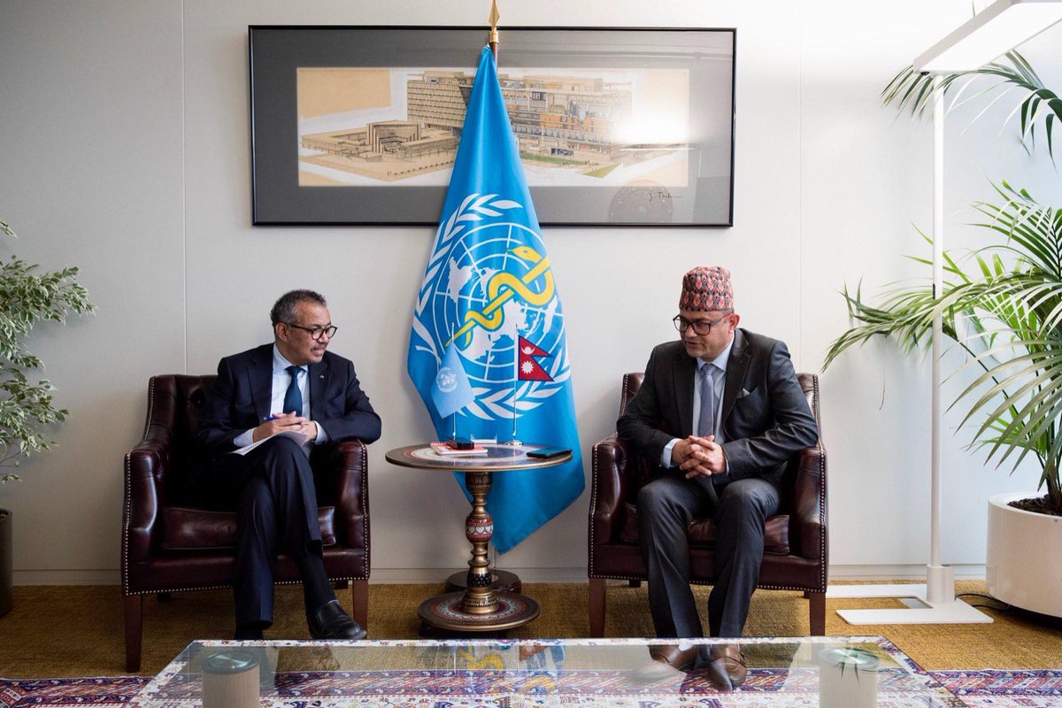 DrTedros's tweet photo. Pleased to meet Padam Giri, #Nepal's Health Minister. We discussed the country's progress on maternal and child health and how @WHO can support @mohpnep to strengthen surveillance, lab capacity, the health workforce and health financing to deliver #HealthForAll in the country. https://t.co/gcNLkZ8bDs