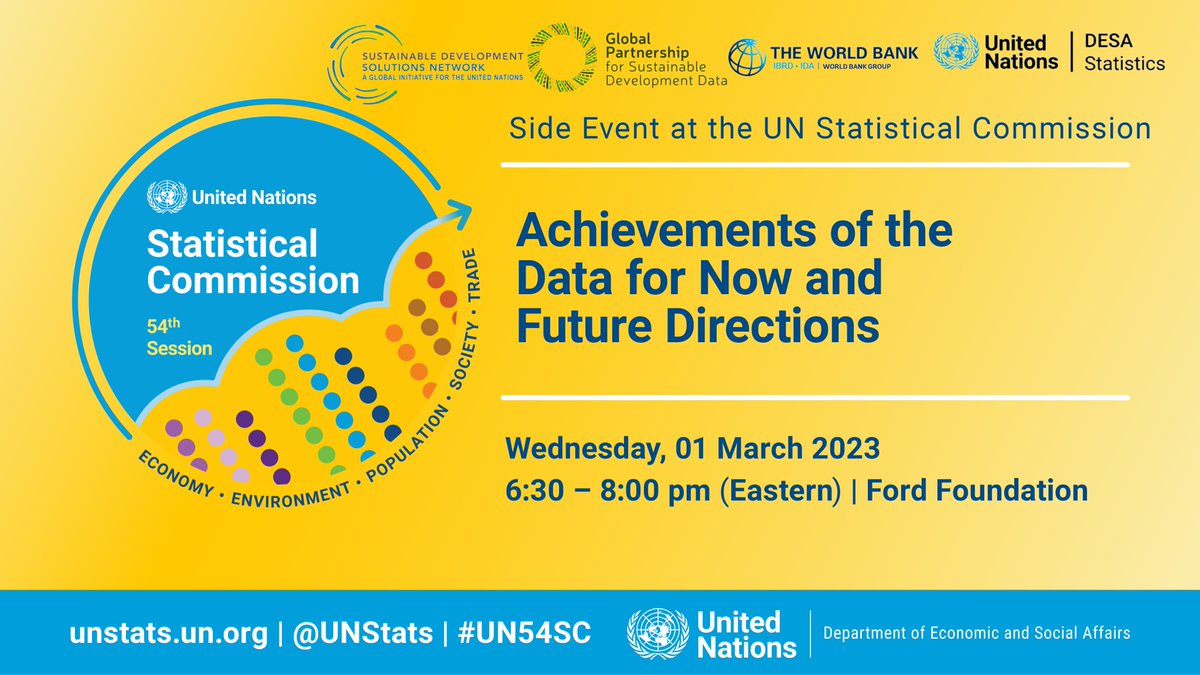 UNStats's tweet image. Since 2019 #Data4Now has supported 24 countries to leverage innovative sources &amp;amp; methods for more timely #data4dev.

Hear at #UN54SC from partners @statsenegal @landcoalition @DANE_Colombia + more 

👉Register: bit.ly/41l7qSw

@worldbankdata, @sdsn_TReNDS, @Data4SDGs