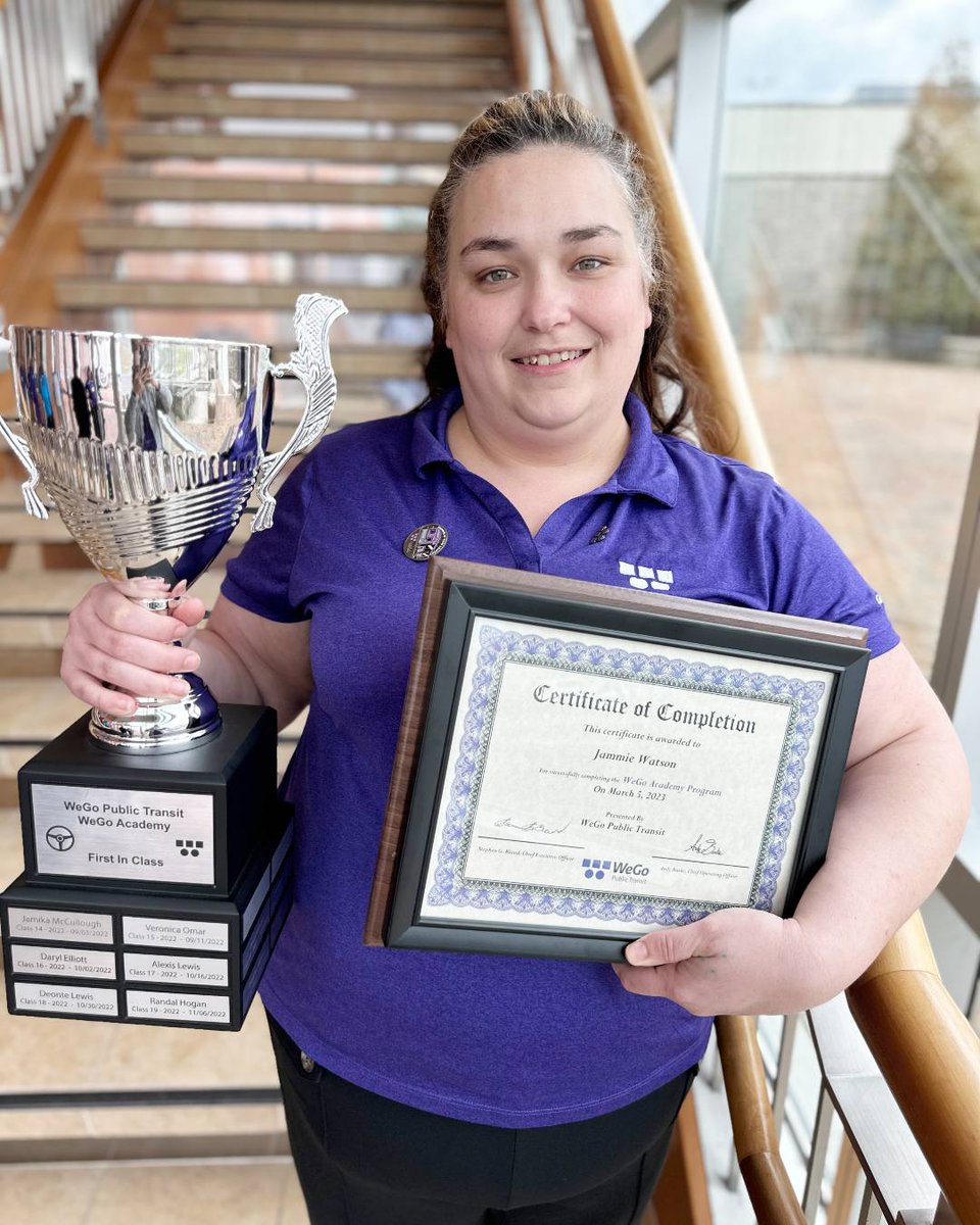 WeGoTransit's tweet image. Congrats to Jammie, a former WeGo custodian who earned first place in her WeGo Academy class - earning her CDL and becoming one of our newest operators! #professionaldevelopment #rollwithWeGo #busoperator #nashvillepublictransit