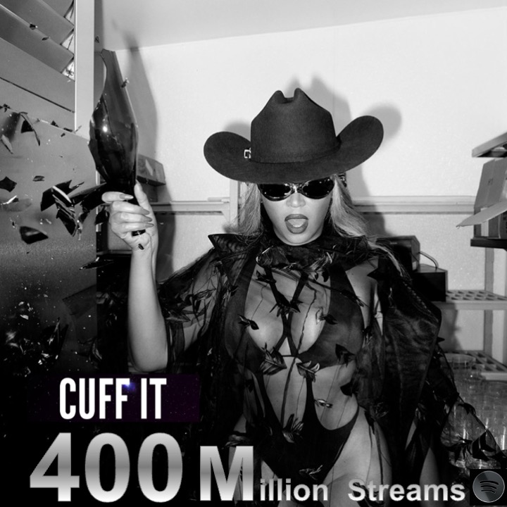 WORLDMUSICAWARD's tweet image. #Beyonce's #CUFFIT has surpassed 400 MILLION streams on Spotify! It’s her 13th song to reach this Milestone!💪💥4⃣0⃣0⃣Ⓜ️🎧❌1⃣3⃣🎶👑💛
