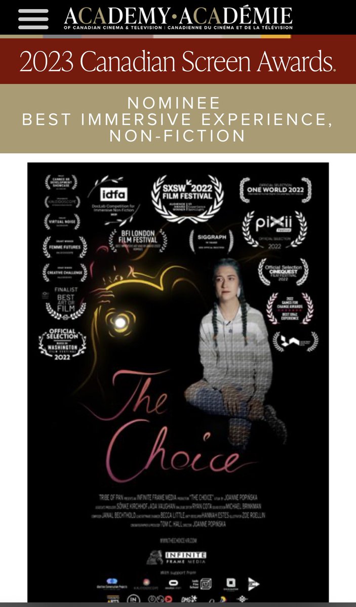 JoanneAska's tweet image. Such great news! @TheChoice_VR has been nominated for the Canadian Screen Awards @TheCdnAcademy in the Best Immersive Experience Non-Fiction category!
Huge congrats to our whole team, I am so proud of you guys ❤️❤️❤️
#CanadianScreenAwards #immersive #impact