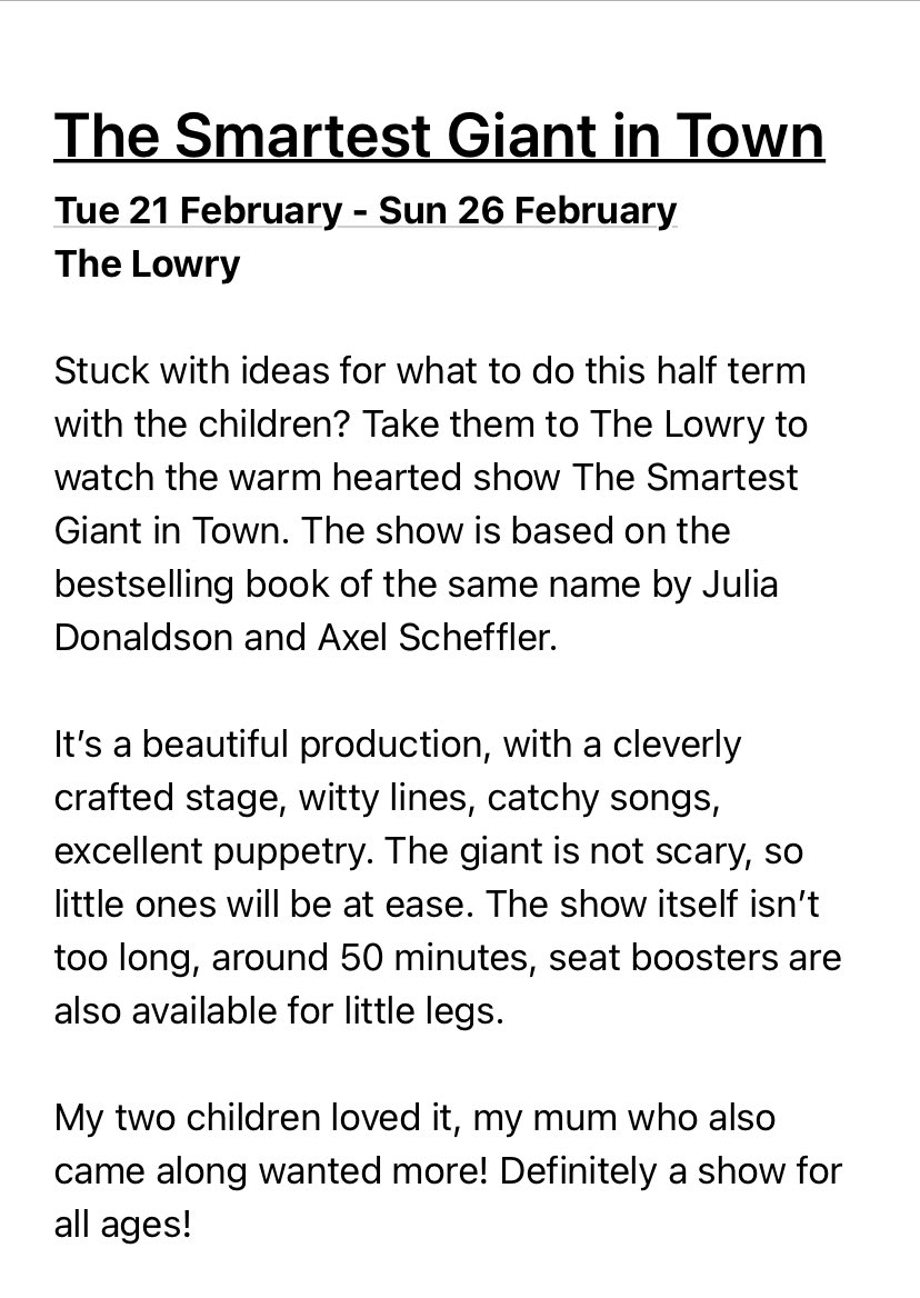 TinaGandhi1's tweet photo. Stuck for ideas this #halfterm? Go and watch #TheSmartestGiantinTown it’s on @The_Lowry until Sunday 26th February. It’s a real hit! #JuliaDonaldson 
Brought to the stage by @LittleATheatre and #Fierylight 
Here’s my review for @BoltonFM. https://t.co/Ue7nYpE7La