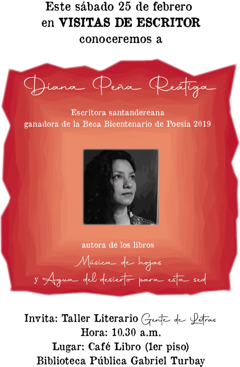 JulioAcelas's tweet photo. Entrada Libre
Este sábado 25 de febrero desde las 9:00 am en el @IMCTBGA se reúne el Taller Literario #GenteDeLetras
Invitada especial la escritora #DianaPeñaReátiga.

@CaracolBga @vanguardiacom @BLUSantanderes @NelsonCipagauta @NixonUribe @LaCulturalFM https://t.co/qQY5NJCKqK
