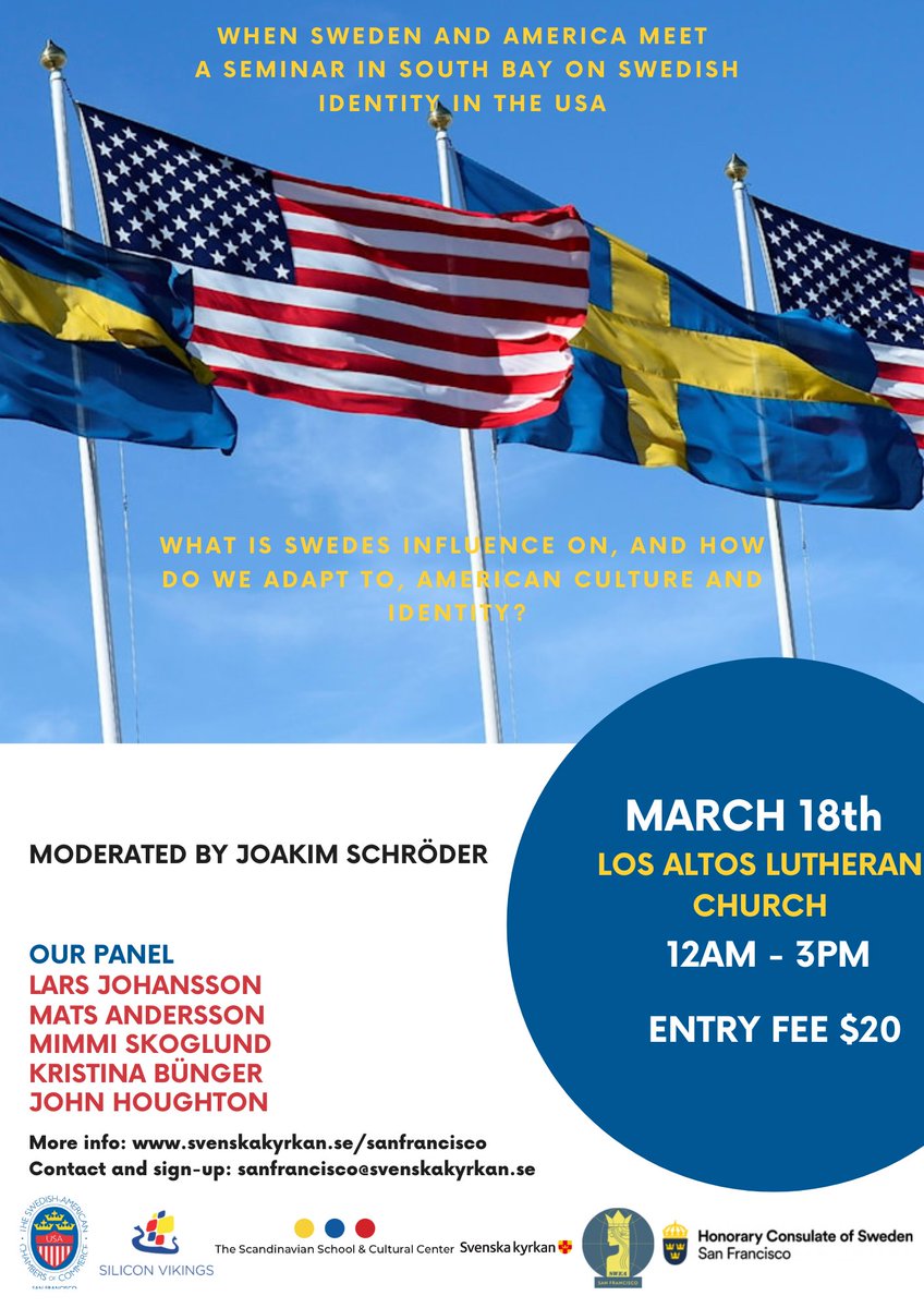 SACCSFSV's tweet image. Join us for a panel discussion on being a Swede in the United States at Los Altos Lutheran Church on Saturday, March 18th!

Sign up here: sanfranciscosvenskakyrkan.se