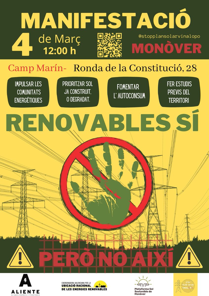 PMonover's tweet photo. DEFENSEM EL NOSTRE TERRITORI!!!

Preguem el vostre suport! Vos aguardem per reclamar una transició energética justa i ciutadana.

Ens veiem a les 12h al Camp de Marín (Ronda de la Constitució, 28) per reclamar una transició energética acord a la nostra terra i a la nostra gent. https://t.co/gX3gKh1g3u