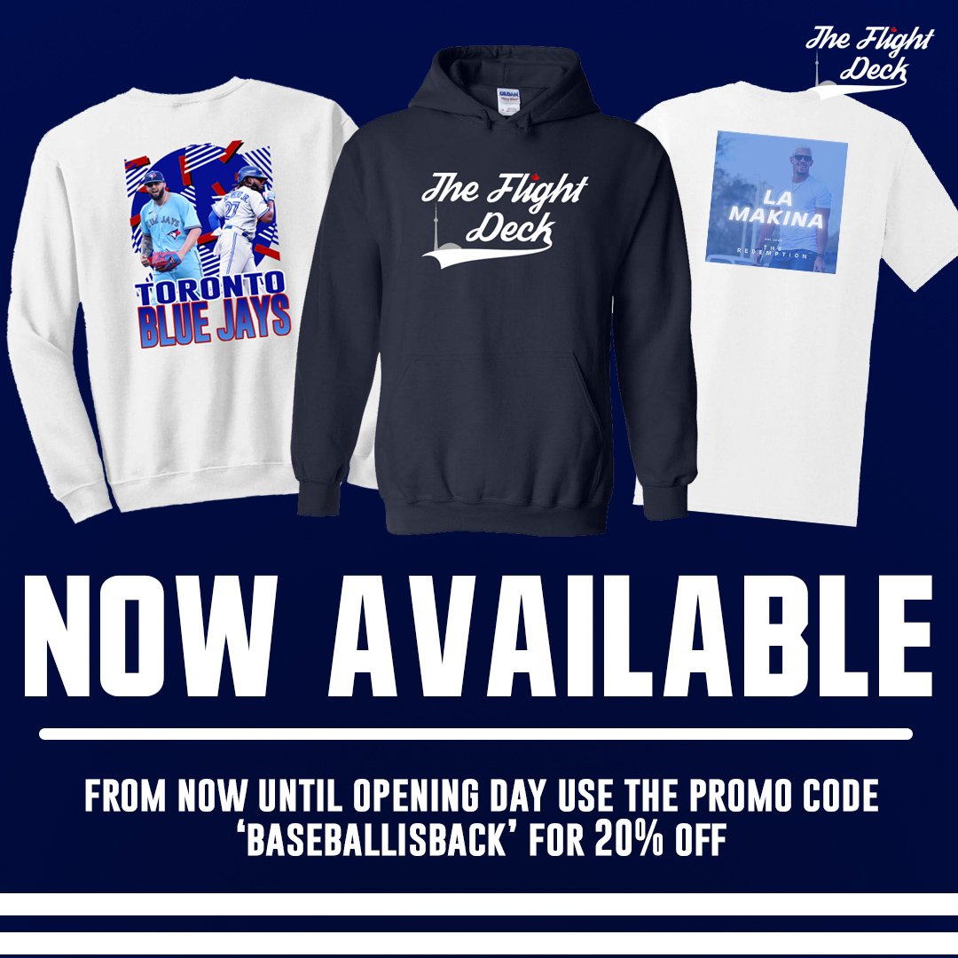 TheFlightDeck_'s tweet photo. If you listened to the latest episode you already knew it was coming... But we've officially launched our merch! From now until opening day use the promo code "baseballisback" on any of our merch to get 20% off your order! https://t.co/E6AyBBgKpn