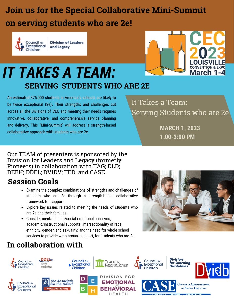 Interested in twice exceptional (2E) learners? Check out this session on March 1 at 1pm: 'It Takes a Team: Serving Students who are 2E' @CECMembership @pjr146 @EBethMH