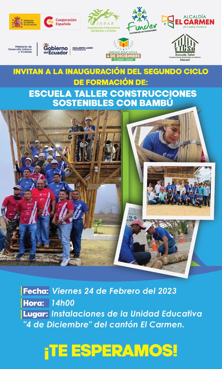inbarlac's tweet photo. #INVITACIÓN En el cantón El Carmen, se realizará este viernes, 24 de febrero de 2023, la inauguración del segundo ciclo de formación de: Escuela Taller Construcciones Sostenibles con Bambú", financiado por @aecidecuador  ¡Te esperamos!  @ElCarmen_Ec https://t.co/XBQGrRgqRZ