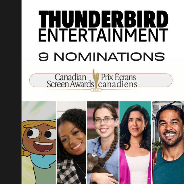 tbirdent's tweet photo. Congratulations to all our nominees for 2023 @thecdnacademy!
Thunderbird Entertainment is proud to announce we received 9 nominations for Thunderbird Entertainment, @greatpacificTV and @atomiccartoons 
#PineconeandPony #Strays #GutJob #Styled @DrSavannahVet https://t.co/X8vuYJYqdR