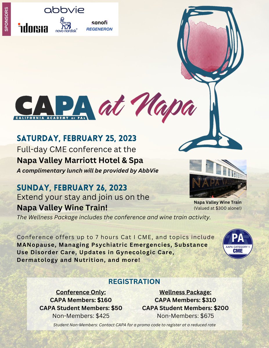 CAPASpeaks's tweet photo. Are you registered for CAPA at Napa? If not, there's still time to sign up! We look forward to seeing you there for an exciting line up of lectures followed by wine and relaxation aboard the Napa Valley Wine Train! Visit https://t.co/kOamCfP5H6 to register! https://t.co/5VVyQYdyfx