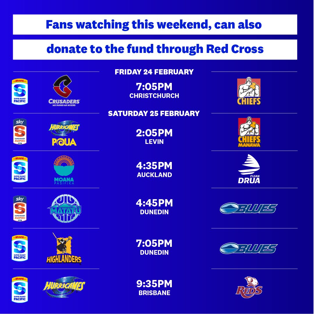 SuperRugbyNZ's tweet photo. This weekend, New Zealand’s Super Rugby Pacific and Aupiki clubs as well as Moana Pasifika and Fijian Drua join with @skysportnz and @NZRugby to raise money for the @NZRedCross Disaster Fund following Cyclone Gabrielle. https://t.co/ZEgOnzOtm3