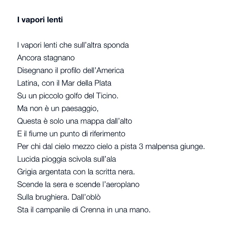 Découverte #poésie 📖 Franco Buffoni, 'I vapori lenti', « La linea del cielo » (Milano, Garzanti, 2018) — La vue d'avion d' « un petit golfe du Tessin »…