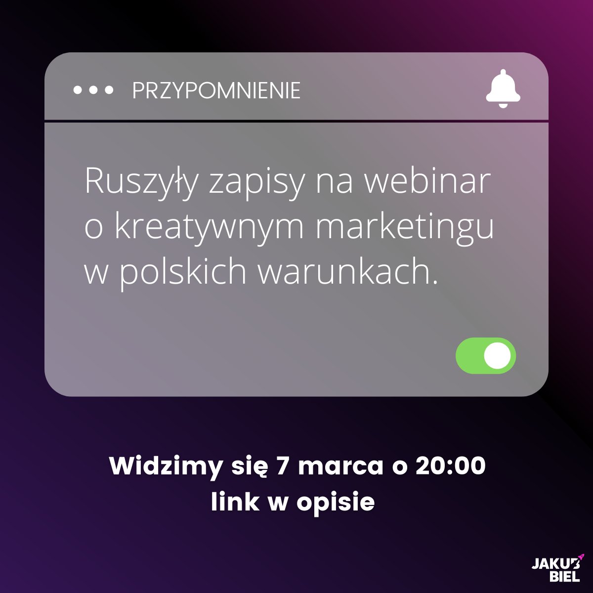 Opowiem o przepisie na viral w 2023 roku, kiedy zasięgi spadają, a ludzie raczej czytają o inflacji niż kolejnej kampanii reklamowej. Jednak jest na to sposób 🔥

Same konkrety: jakubbiel.pl/webinar/