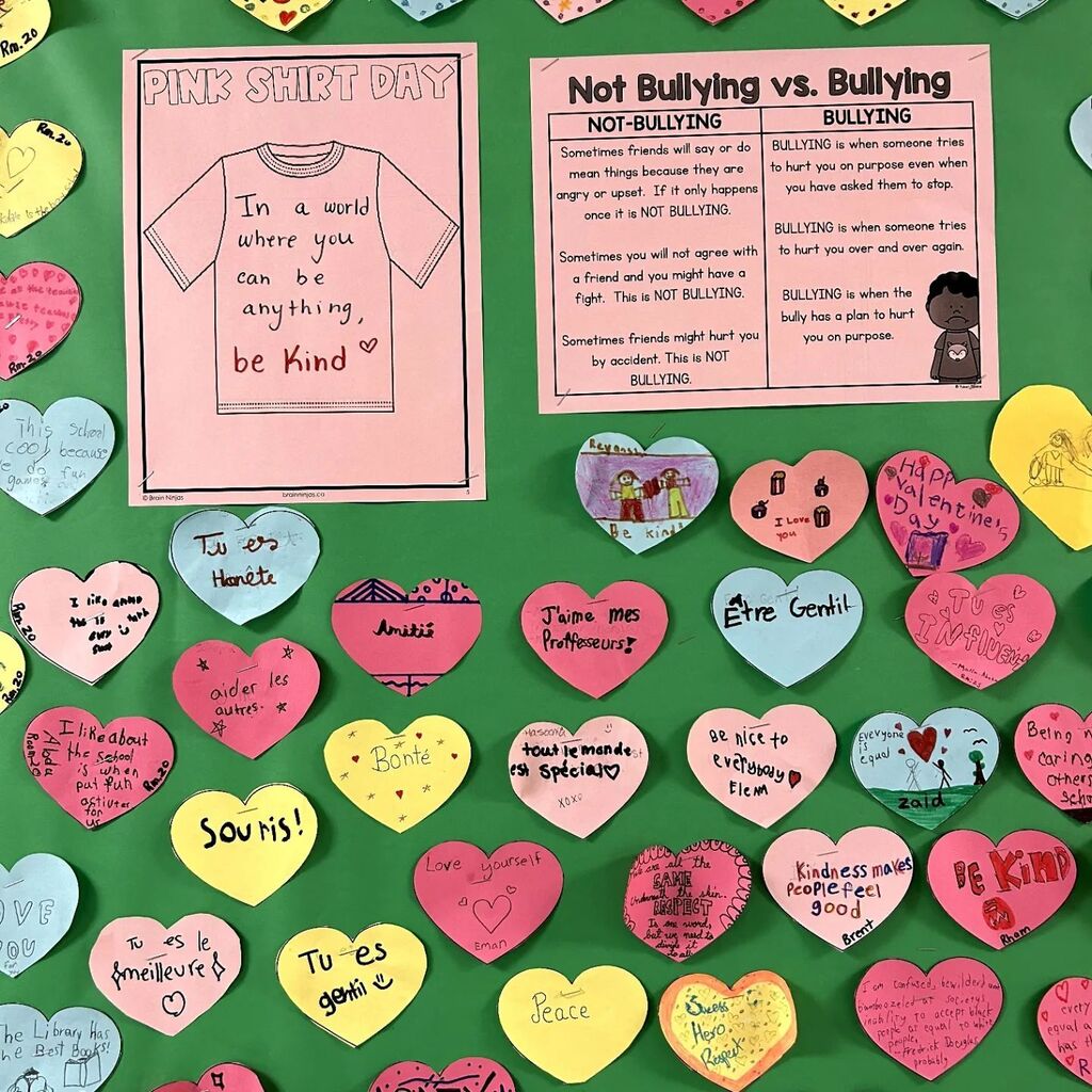 Pink Shirt Day celebration at Parkdale. Students gathered for a presentation from Ms. Karolyn to discuss anti-bullying. The grade 3 students in room 14 presented a poem “I’ll be there for you”. The beautiful bulletin kindness board is complete. All the students in the school…