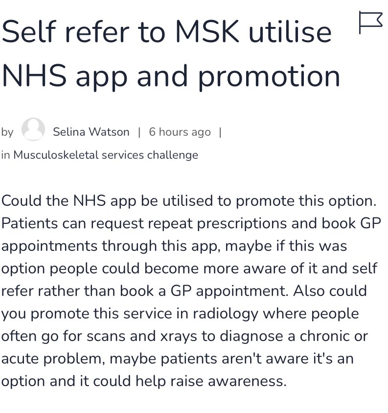 Looking at posts on #SolvingTogether crowdsourcing platform & liked this one by @Selinawatson27 

💡Self refer to MSK utilise NHS app💡 

Follow this link to join the conversation- & even better add an idea or experience of your own 🙏 solvingtogether.crowdicity.com/post/3831147

#BestMSKHealth