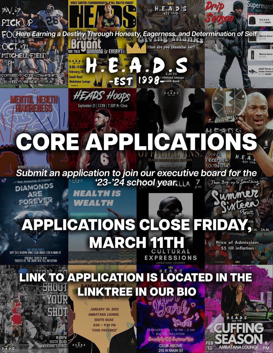 We are accepting applications for the 23-24 H.E.A.D.S Core!! If you want to be a part of the team behind the scenes of H.E.A.D.S apply by March 11th. The link to the application is in the linktree in our bio. Also, feel free to reach out to any of us with questions.