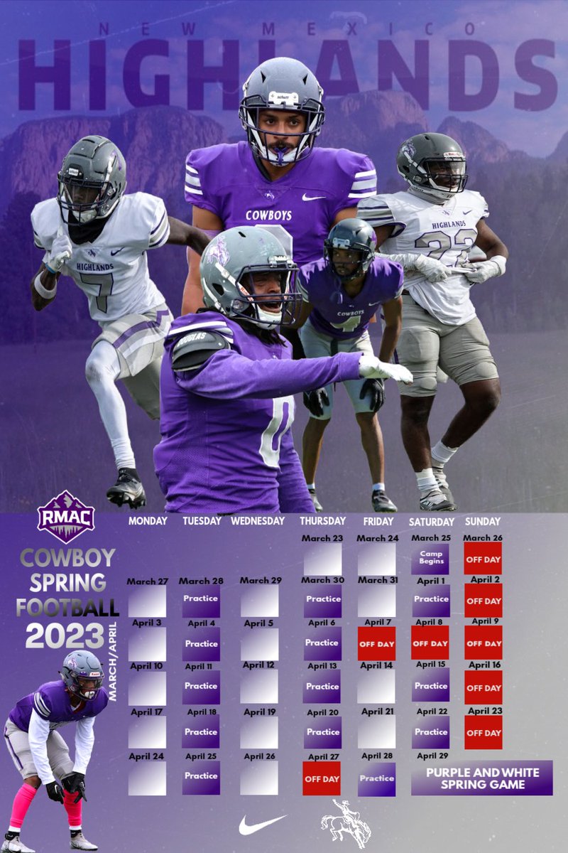 Excited to announce our Spring Ball Schedule, we will be practicing Tuesday-Thursdays 3:30-6:00PM and Saturdays 9:30-12:00PM. Come and check out the 2023-2024 Cowboys! Please contact Coach Brown:     (jbrown65@live.nmhu.edu) if you would like to attend!
#cowboynation #readytowork