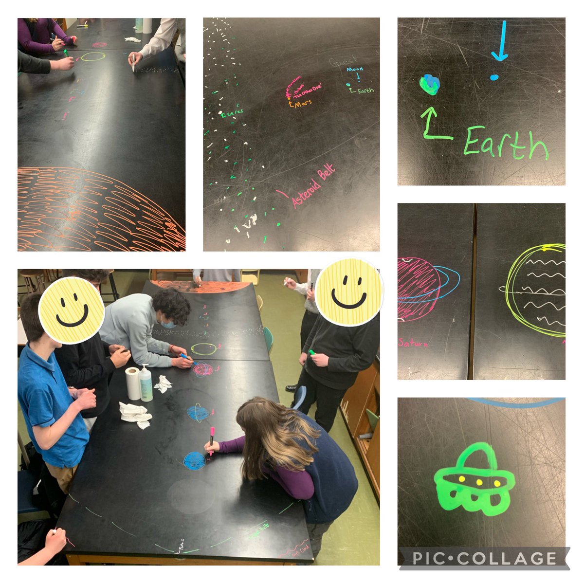 CarolynNickelo's tweet image. I ♥️ chalk markers on dark lab benches! We began our #IBphysics #astrophysics unit with a tour of the #solarsystem and Students collaborated to create a (not to scale) diagram. Lots of great conversations and a way to make it memorable!